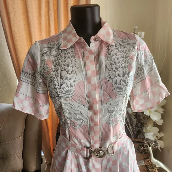 Versace Pink Shirt Dress Signature Baroque Print with belt Silk size S